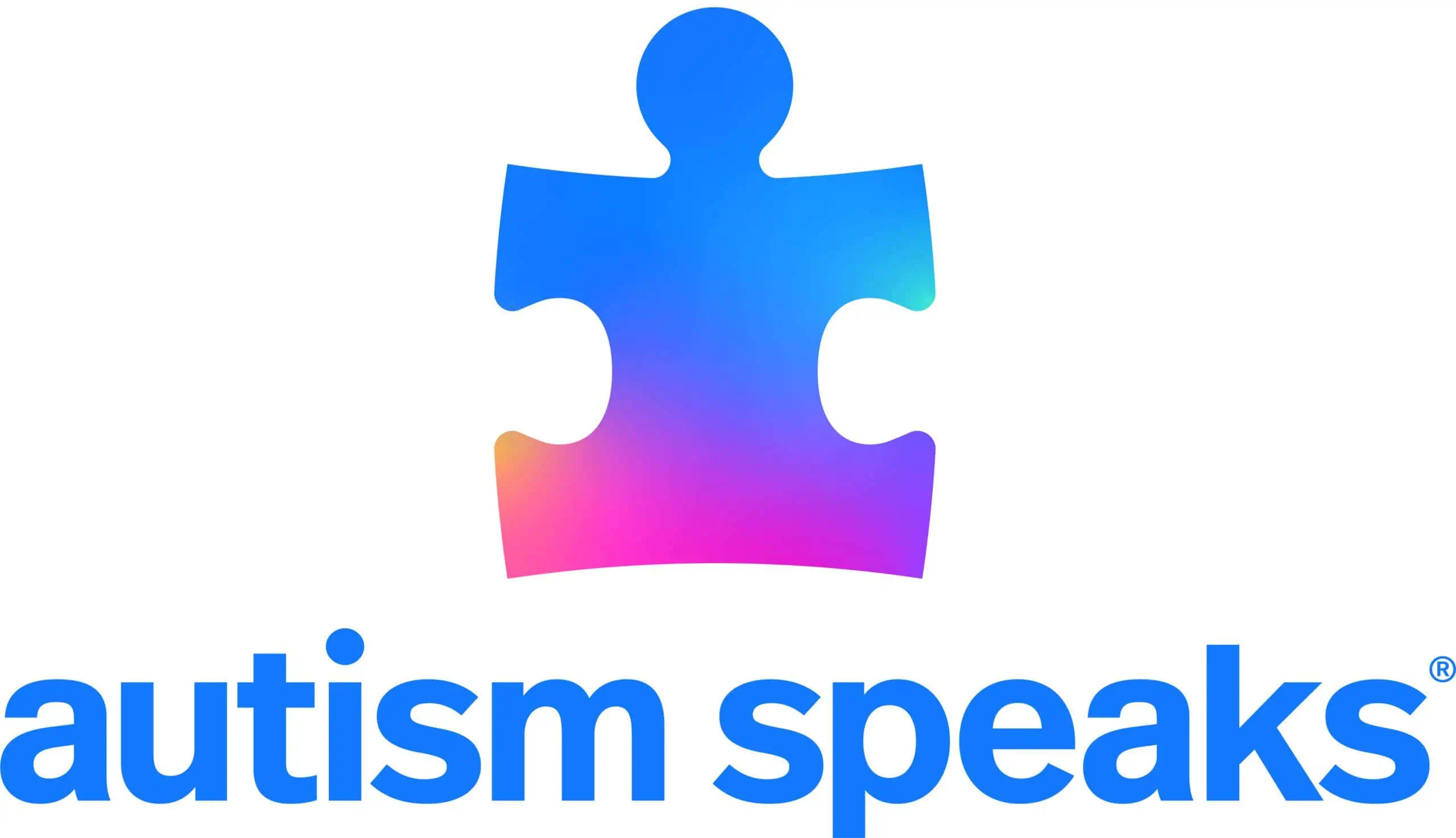 Blue puzzle piece with blue, purple, and pink gradient above "autism speaks" text; Chuck E. Cheese family fun center for kids.