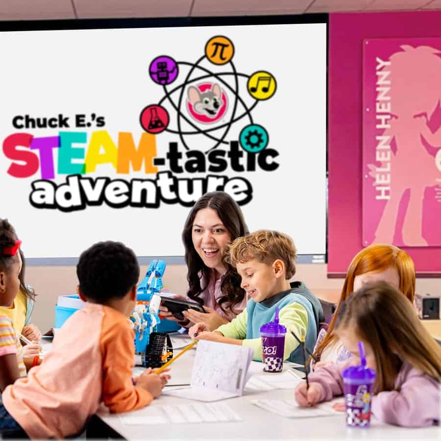 Smiling woman guides kids with colorful drinks in a Chuck E. Cheese classroom; screen shows STEAM-tastic adventure birthday party.
