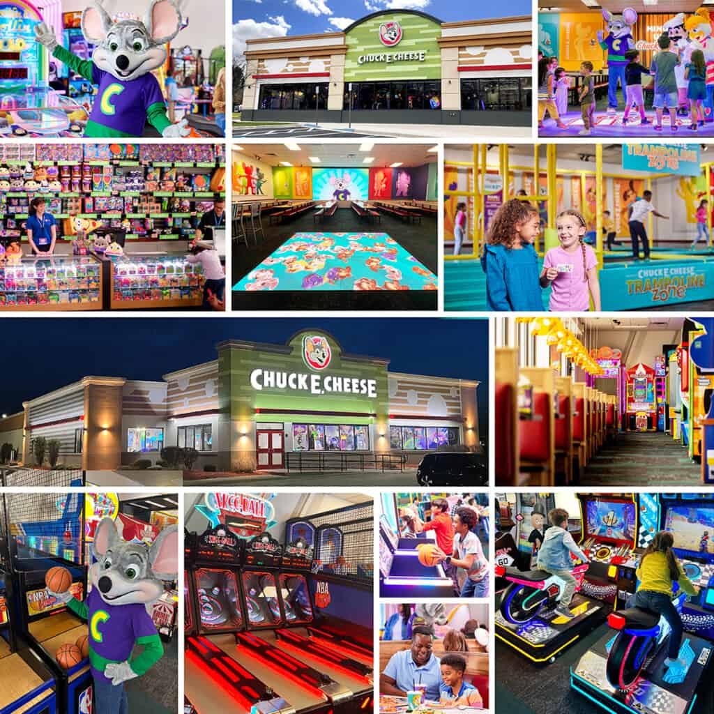 Collage of Chuck E. Cheese mascot, entrance, kids playing arcade games, redeeming prizes, pizza, and birthday party fun center.