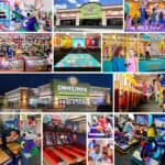 Collage of Chuck E. Cheese mascot, entrance, kids playing arcade games, redeeming prizes, pizza, and birthday party fun center.