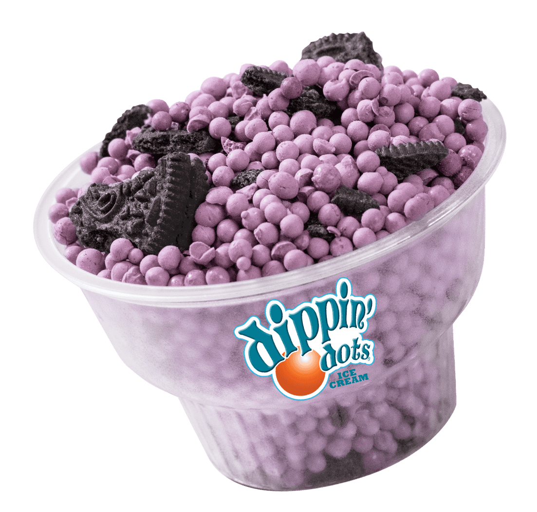 Cup of purple Dippin’ Dots with crumbled cookies and logo, served at Chuck E. Cheese after arcade games at a birthday party for kids.