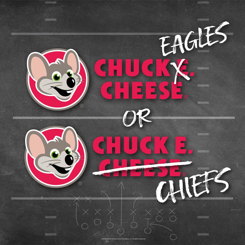 Chuck E. Cheese logos read Eagles and Chiefs, with a football play diagram in back; NFL theme for kids entertainment and arcade games.