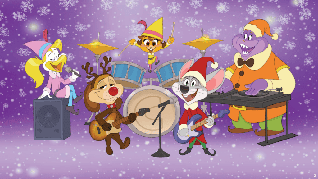 Chuck E. Cheese characters in holiday outfits play instruments on snowy stage, smiling at a kids birthday party and family fun center.