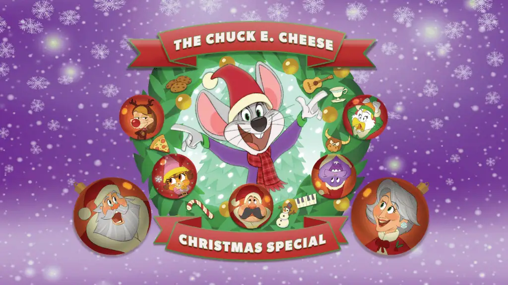 Chuck E. Cheese in a Santa hat with friends on ornaments, Christmas wreath, and banners for kids' birthday party and arcade games.