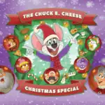Chuck E. Cheese in a Santa hat with friends on ornaments, Christmas wreath, and banners for kids' birthday party and arcade games.