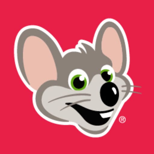 Gray mouse mascot head with big ears, green eyes, and wide smile on red, featured at Chuck E. Cheese kids birthday parties and arcade.