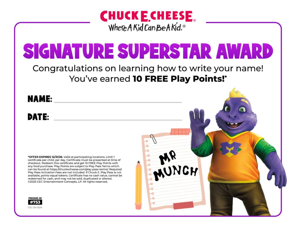 Chuck E. Cheese award for children.
