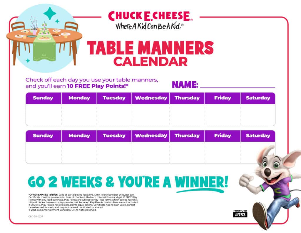 Table manners calendar for kids.