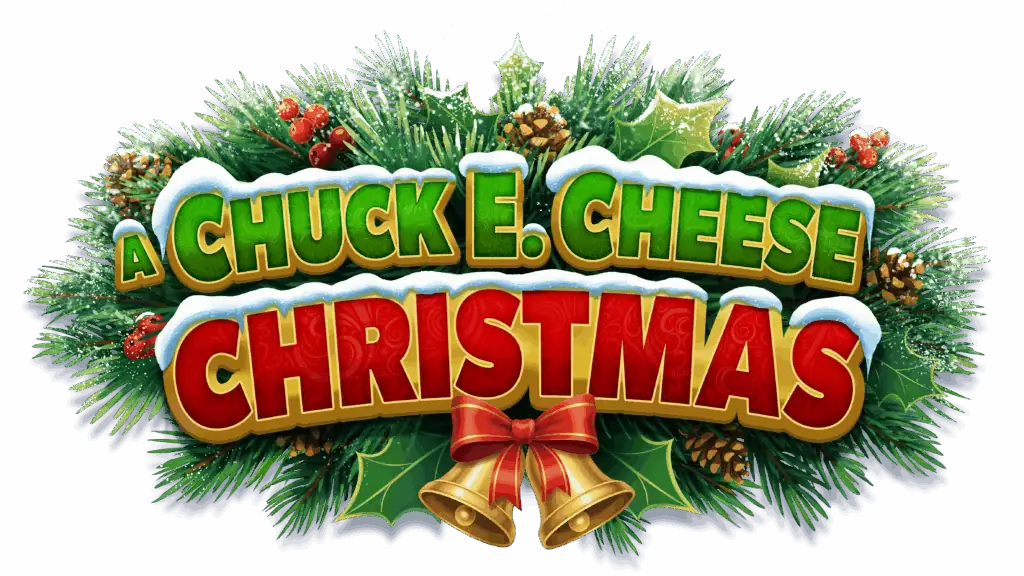 Festive Chuck E. Cheese Christmas sign with pine, holly, snow, red bow, gold bells at kids family fun center and arcade games.
