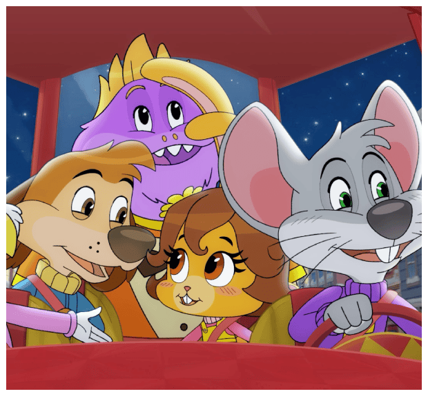 Four cartoon animals—a dog, purple creature, brown cat, and gray mouse—ride in a red car to Chuck E. Cheese for pizza and games.