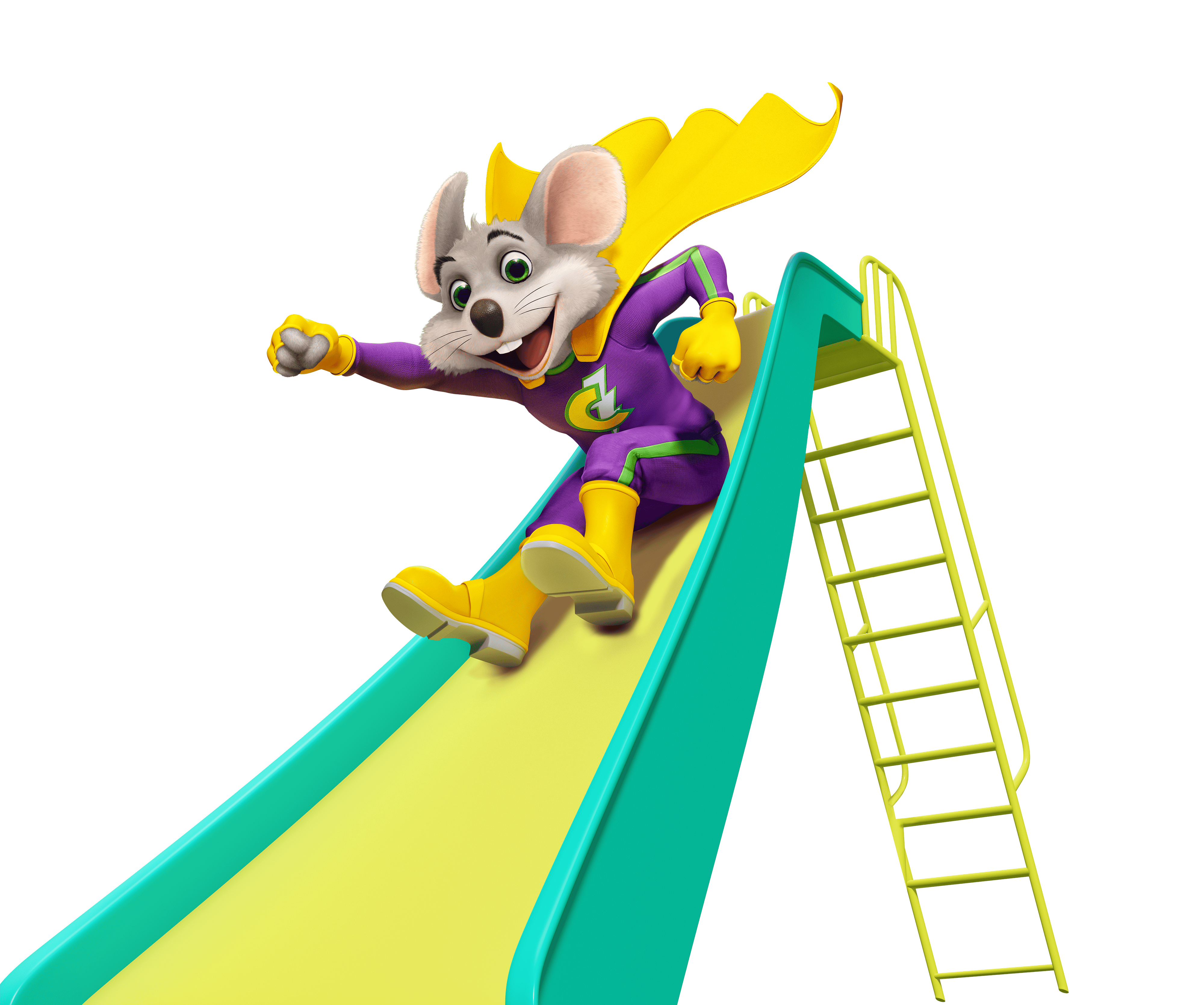 Chuck E. Cheese mascot in superhero costume slides down yellow-green playground slide, smiling at a kids birthday party fun center.