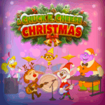 Chuck E. Cheese characters in festive outfits play instruments onstage, holiday décor, birthday party for kids, arcade games around.