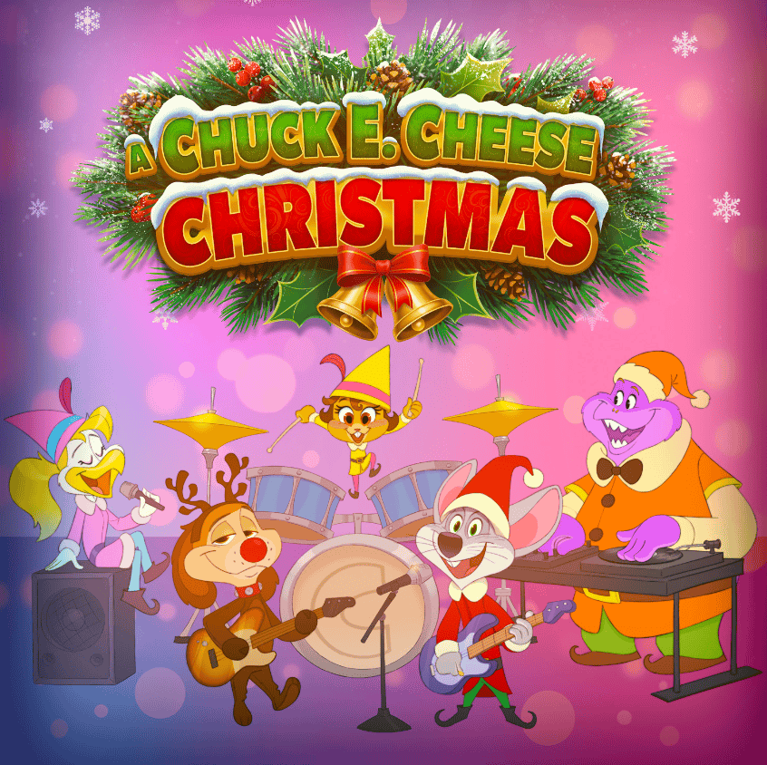 Chuck E. Cheese characters in festive outfits play instruments onstage, holiday décor, birthday party for kids, arcade games around.