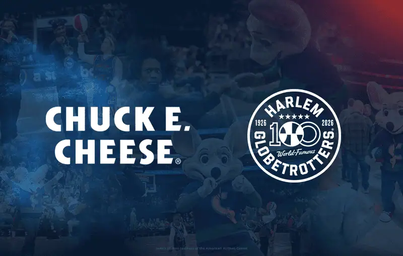 Chuck E. Cheese mascot and Harlem Globetrotters 100th anniversary logo, basketball scenes, kids birthday party, Fun Pass, arcade games.