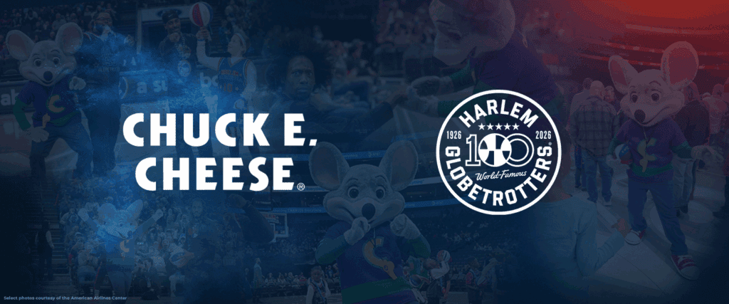 Chuck E. Cheese mascot at Harlem Globetrotters 100th anniversary game, blue-red background, birthday party and arcade games theme.