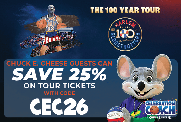 Harlem Globetrotters player and Chuck E. Cheese mascot with 25% off tour tickets for guests at this kids birthday party fun center.