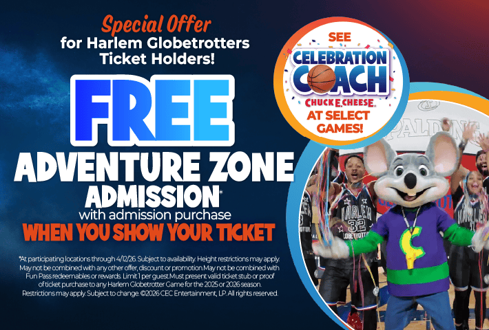 Chuck E. Cheese mascot with families celebrating a kids birthday party, pizza, and arcade games in the family fun center.