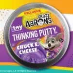 Crazy Aaron’s Thinking Putty tin with Chuck E. Cheese on lid, .46 oz, Ages 3+, ideal for birthday party at family fun center.