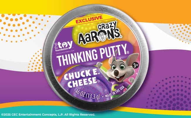 Crazy Aaron’s Thinking Putty tin with Chuck E. Cheese on lid, .46 oz, Ages 3+, ideal for birthday party at family fun center.