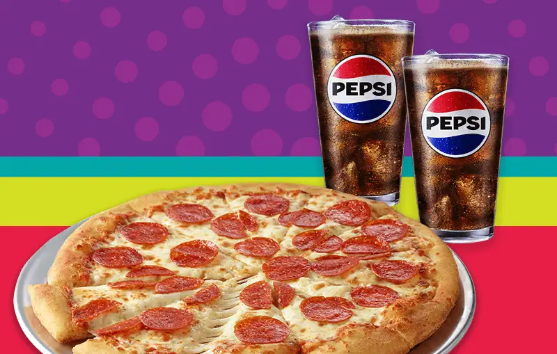 Pepperoni pizza and two Pepsi-branded cups