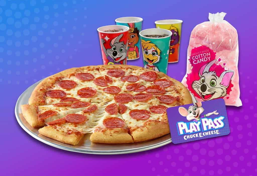 pizza, drinks, cotton candy, and a Play Pass