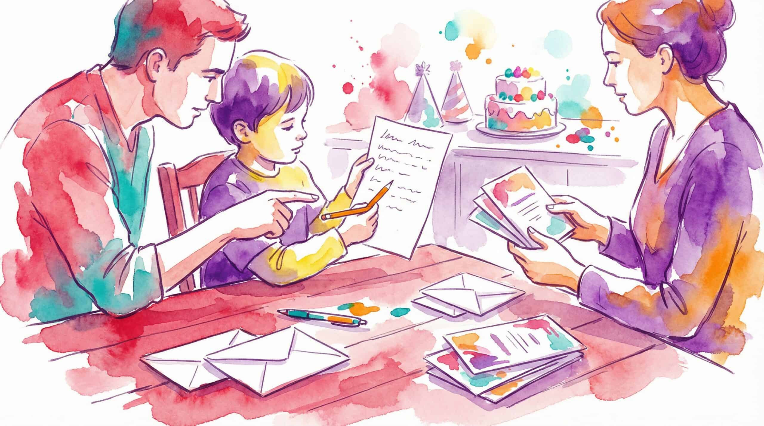 Watercolor illustration of a family opening birthday cards together at a table.