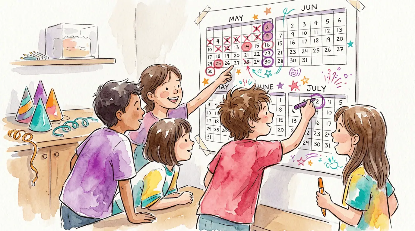 Watercolor illustration of children gathered around a wall calendar marking the days until a birthday.