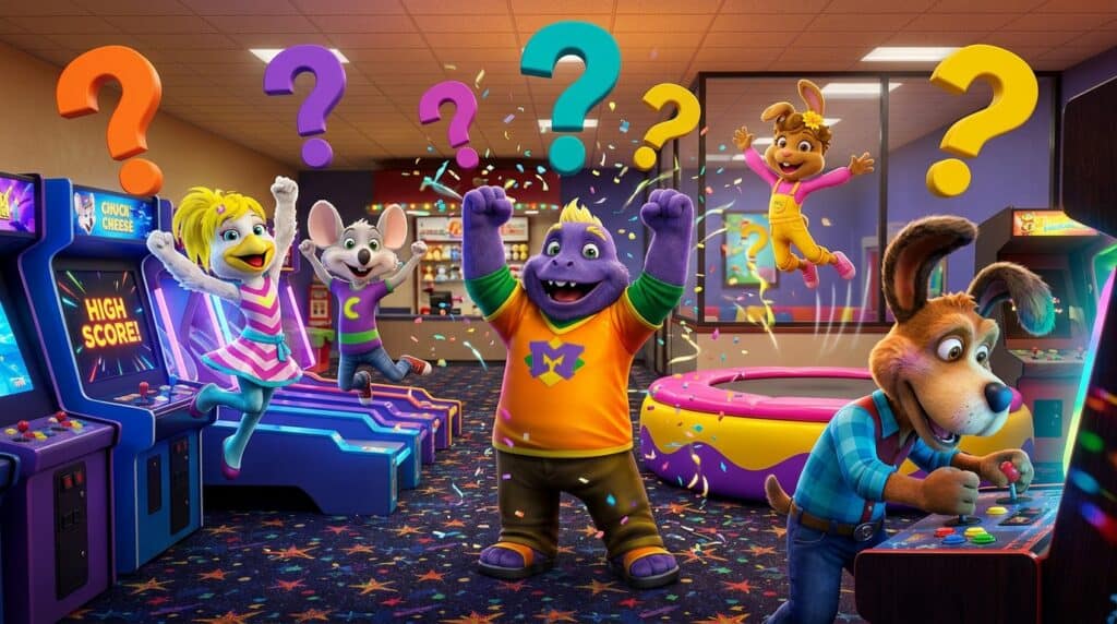 Animated animal characters celebrate a kids birthday party at Chuck E. Cheese with arcade games, Fun Pass, confetti, and pizza.