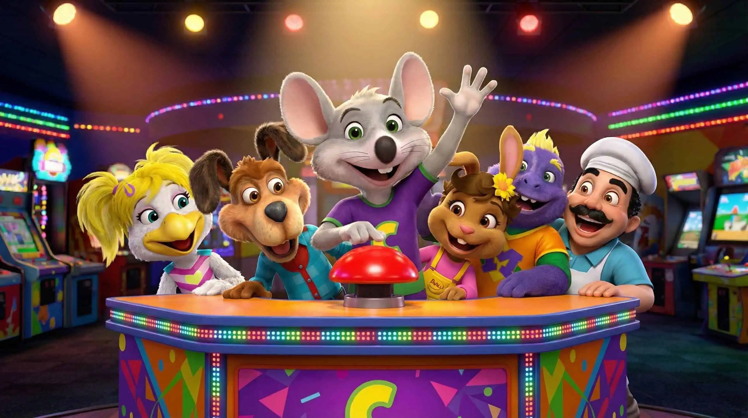 Chuck E. Cheese characters gather around a game show buzzer in a bright arcade with Fun Pass, pizza, and games for kids’ birthdays.
