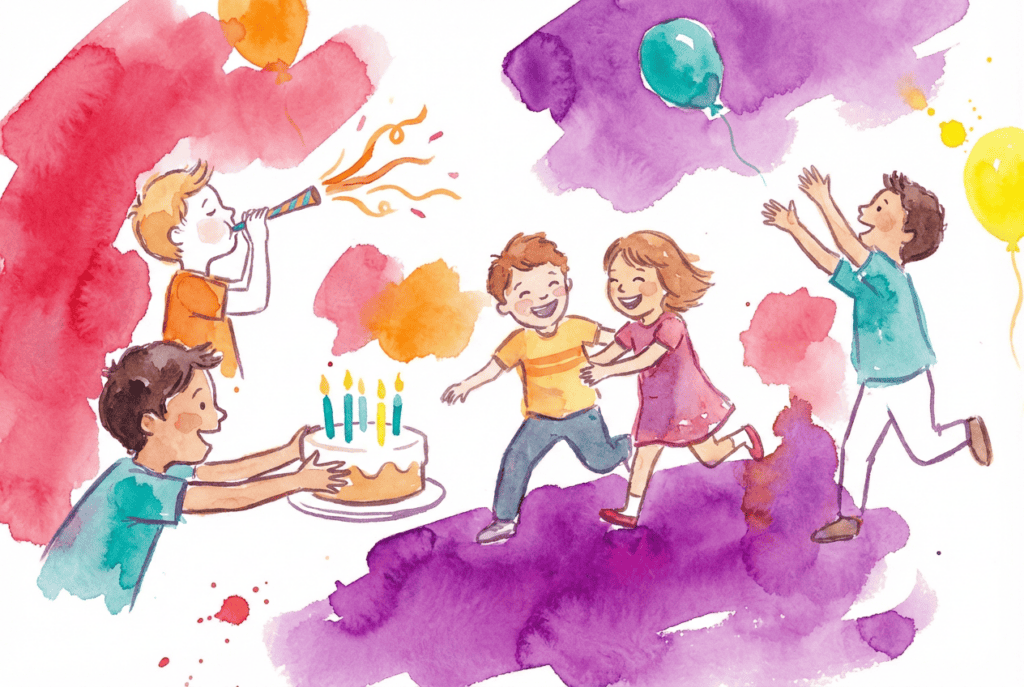 Kids celebrating a birthday party at Chuck E. Cheese, eating cake, playing arcade games and laughing in a colorful fun center.