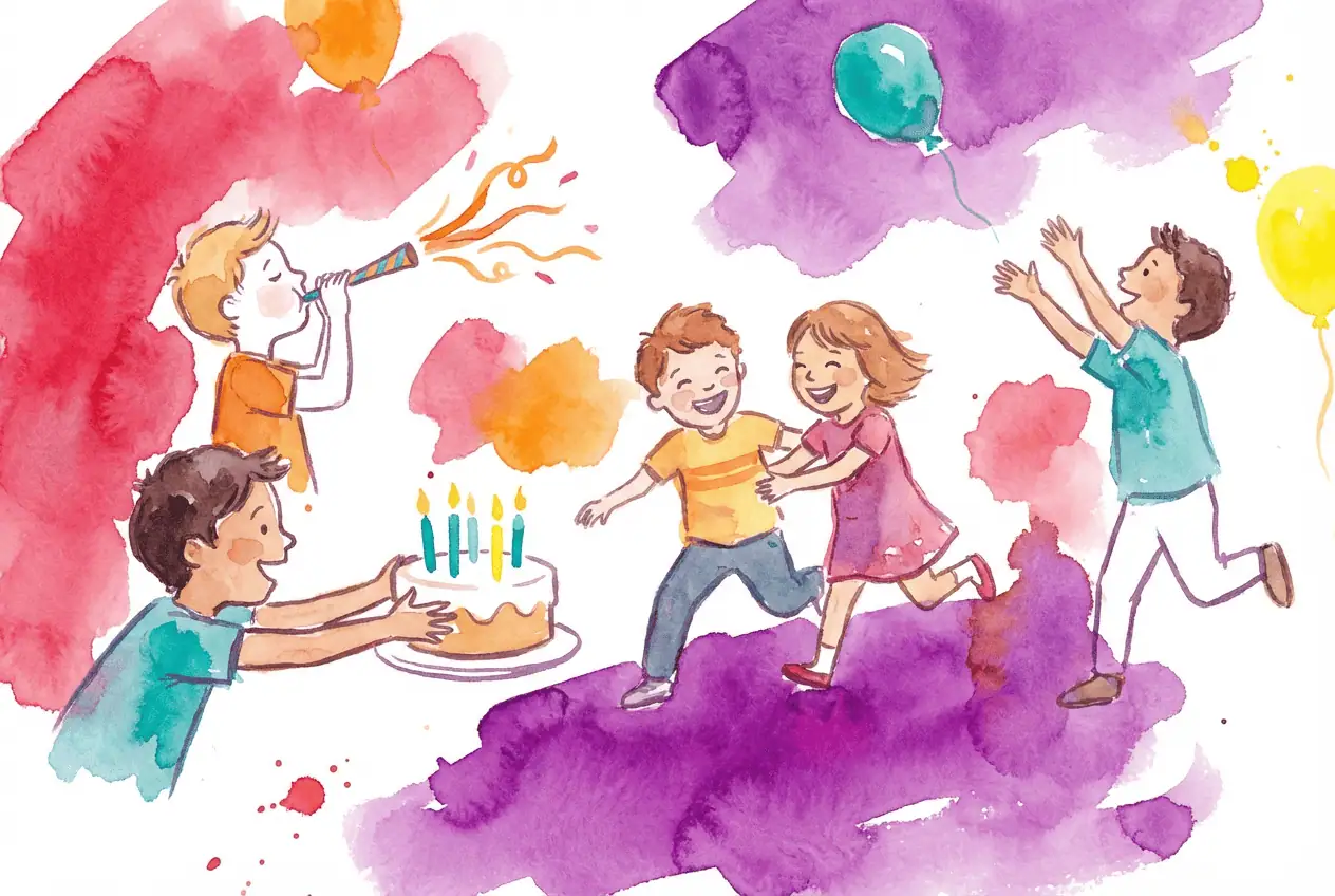 Watercolor illustration of kids playing arcade games at a birthday party.