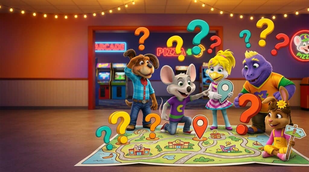 Five cartoon animal mascots stand on a map at Chuck E. Cheese, with arcade games, Fun Pass signs, and string lights in the background.