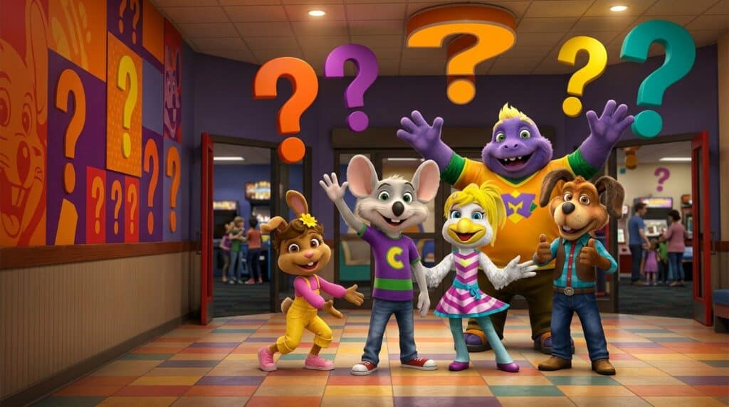 Chuck E. Cheese mascots—mouse, dog, bunny, chick, purple monster—stand in arcade with kids games and pizza party decor.