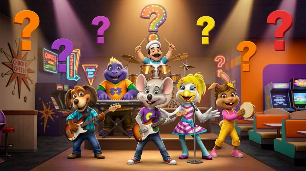 Chuck E. Cheese birthday party with an animal band, chef drummer, neon lights, Fun Pass arcade games for kids, pizza and question marks.