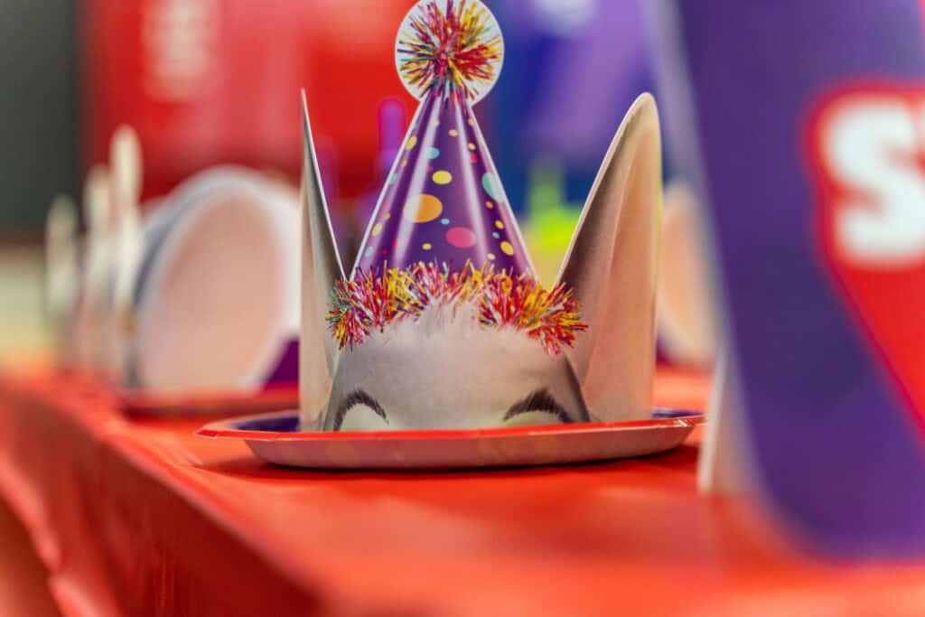 Birthday party table at Chuck&nbsp;E.&nbsp;Cheese with cartoon-themed plate, party hat, and red tablecloth set up for a kids party