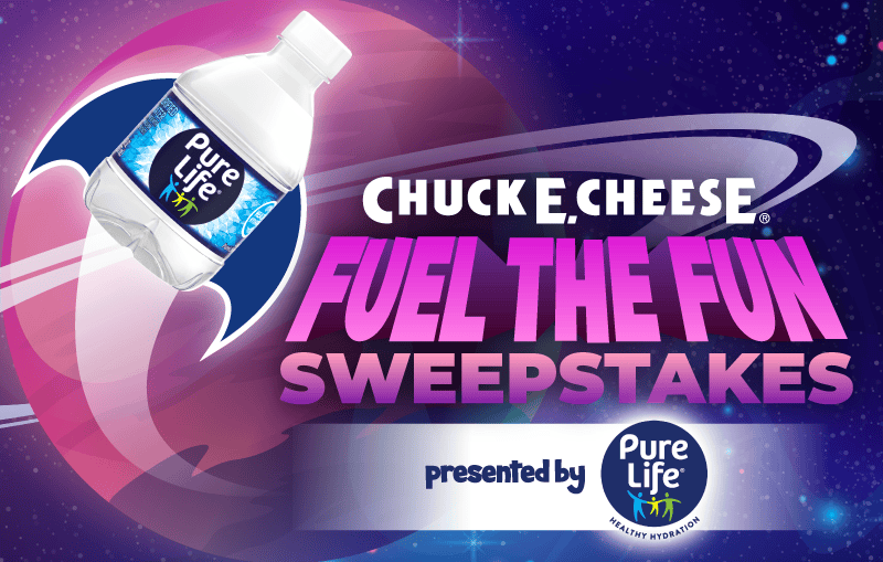 Cartoon Pure Life water bottle with rocket fins in space, Chuck E. Cheese Fuel The Fun Sweepstakes