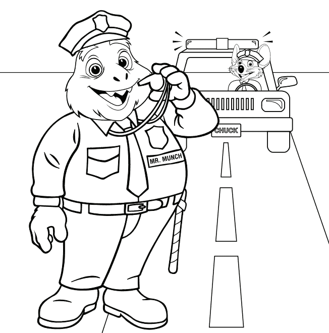Cartoon Mr. Munch with whistle stands by a Chuck E. Cheese pizza police car in a kids' birthday party scene, outlined for coloring.