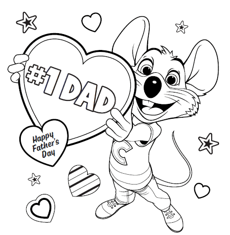 Chuck E. Cheese mouse holds “#1 DAD” heart; “Happy Father’s Day,” stars, and hearts decorate this black-and-white coloring page.
