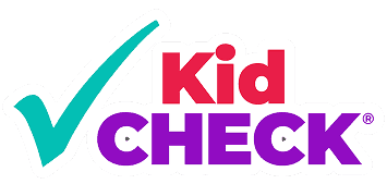 Kid CHECK logo: large teal check mark, "Kid" in red, "CHECK" in bold purple; used at Chuck E. Cheese for kids' safety.