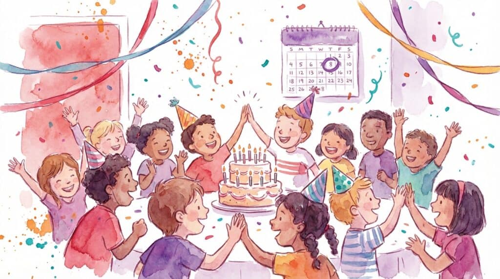 Kids in party hats at Chuck E. Cheese birthday party, laughing around cake with streamers, confetti, pizza, and arcade games nearby.