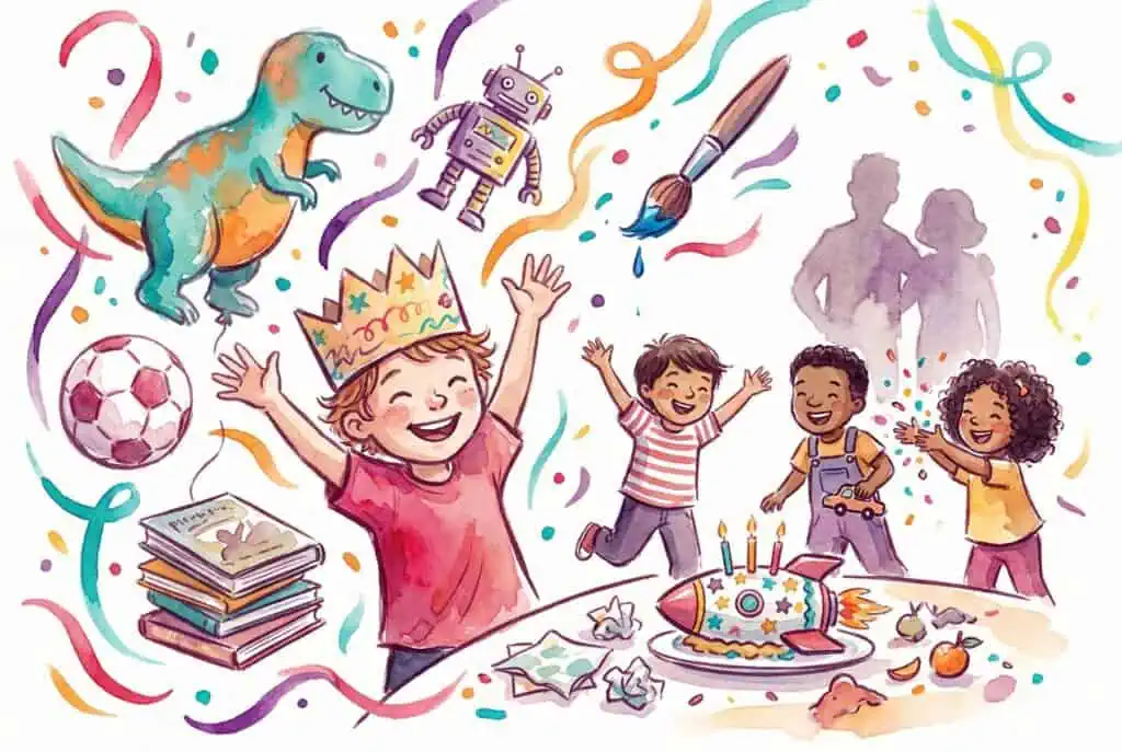 Child in crown celebrates birthday at Chuck E. Cheese with cake, pizza, Fun Pass, arcade games, friends, adults, and streamers.