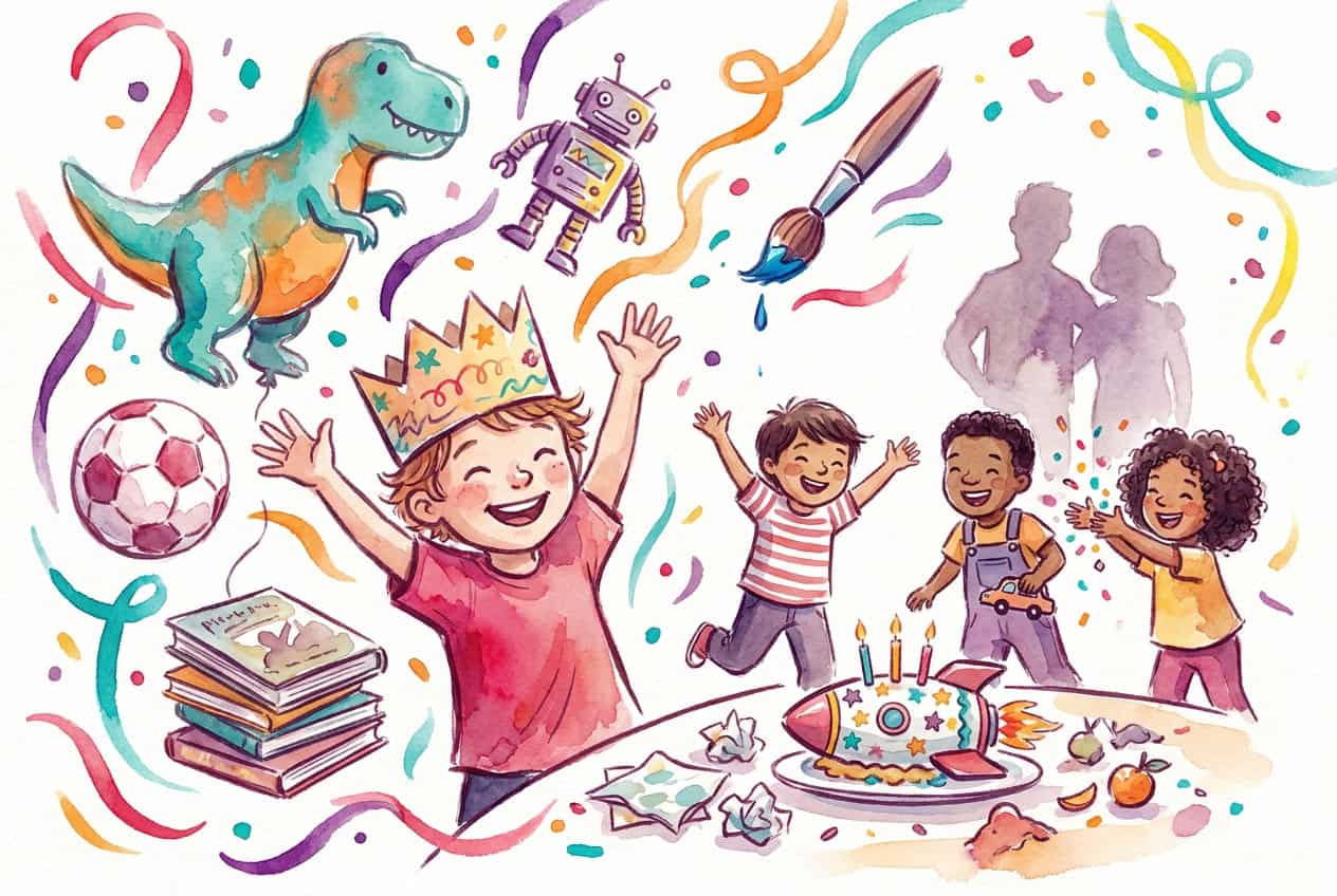 Child in crown celebrates birthday at Chuck E. Cheese with cake, pizza, Fun Pass, arcade games, friends, adults, and streamers.