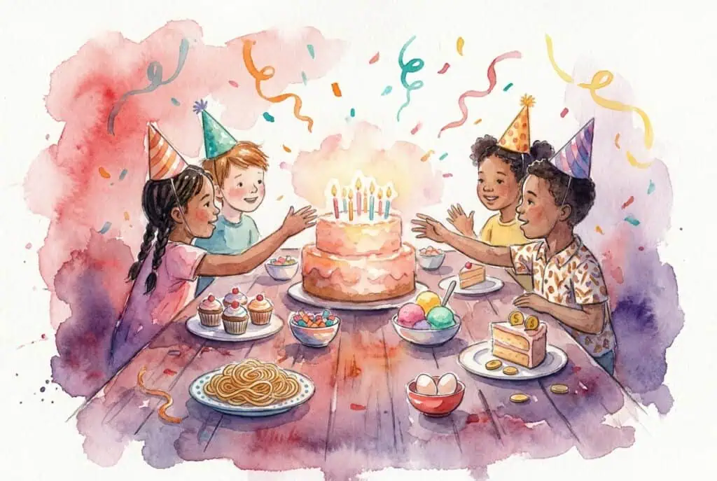 Kids in party hats celebrate a birthday at Chuck E. Cheese with cake, confetti, pizza, arcade games, and Fun Pass cards on the table.