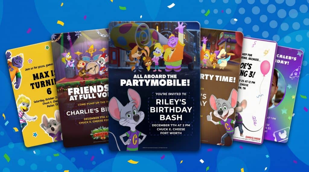 Chuck E. Cheese kids birthday party invitations with animated characters, party details, confetti, and blue polka-dot background.