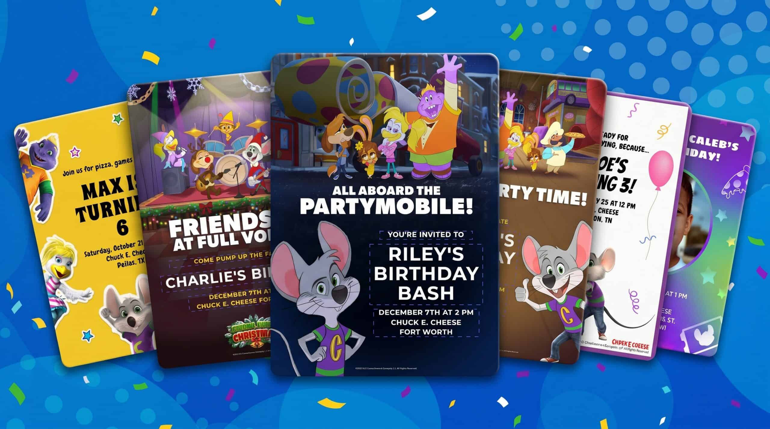 Chuck E. Cheese kids birthday party invitations with animated characters, party details, confetti, and blue polka-dot backdrop.