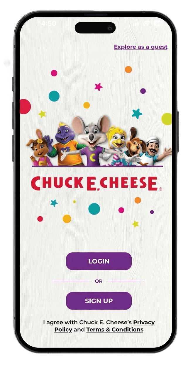 Chuck E. Cheese mobile app login screen showing Login and Sign Up buttons with characters
