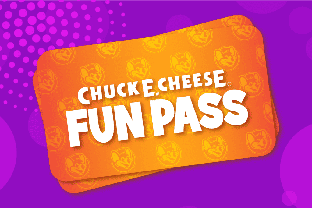 Two orange Chuck E. Cheese Fun Pass cards on a purple background, for arcade games and kids birthday parties at the family fun center.