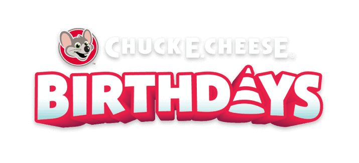 Chuck E. Cheese logo with cartoon mouse above red and white “BIRTHDAYS,” A is a birthday hat; for kids’ parties, pizza and games.