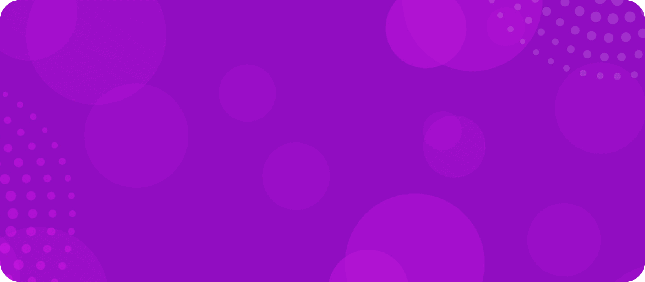 Purple background with light circles and dots, rounded corners, evokes Chuck E. Cheese kids birthday party and arcade games setting.