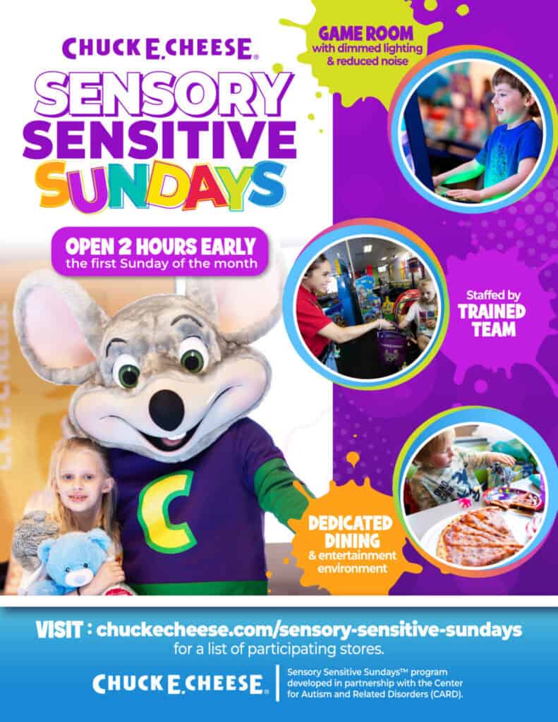 Flyer for Chuck E. Cheese Sensory Sensitive Sundays with mascot, kids, dim lighting, arcade games for kids, pizza and Fun Pass info.